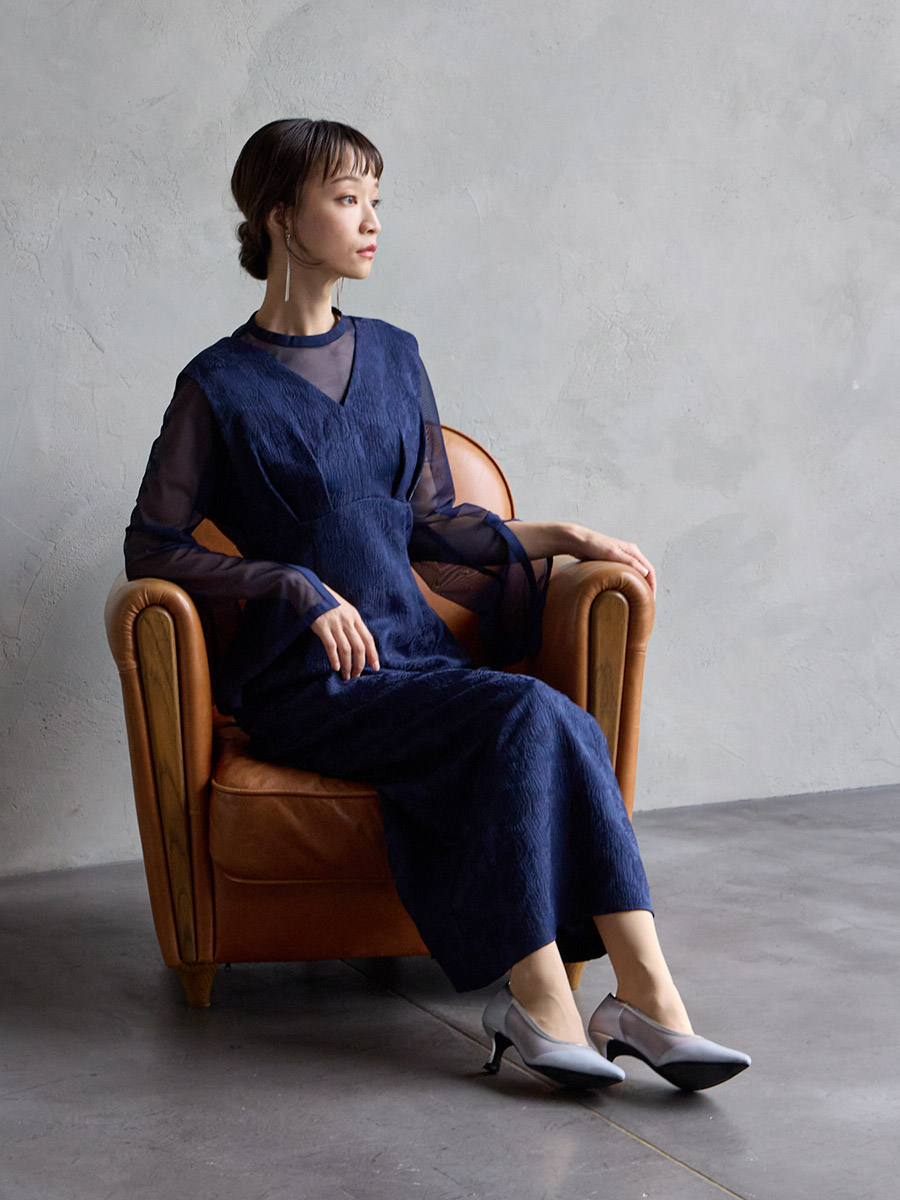 チュールブラウス付きジャカードIラインドレス(S イエローベージュ