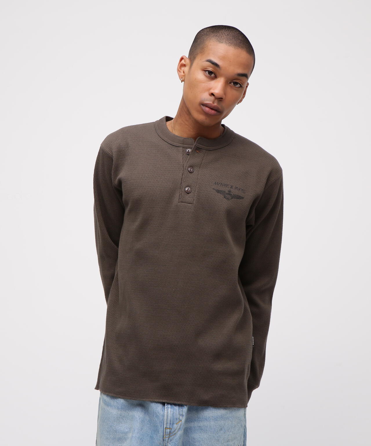 直営店限定》HONEYCOMB WAFFLE HENRY NECK NAVAL T-SHIRT | AVIREX