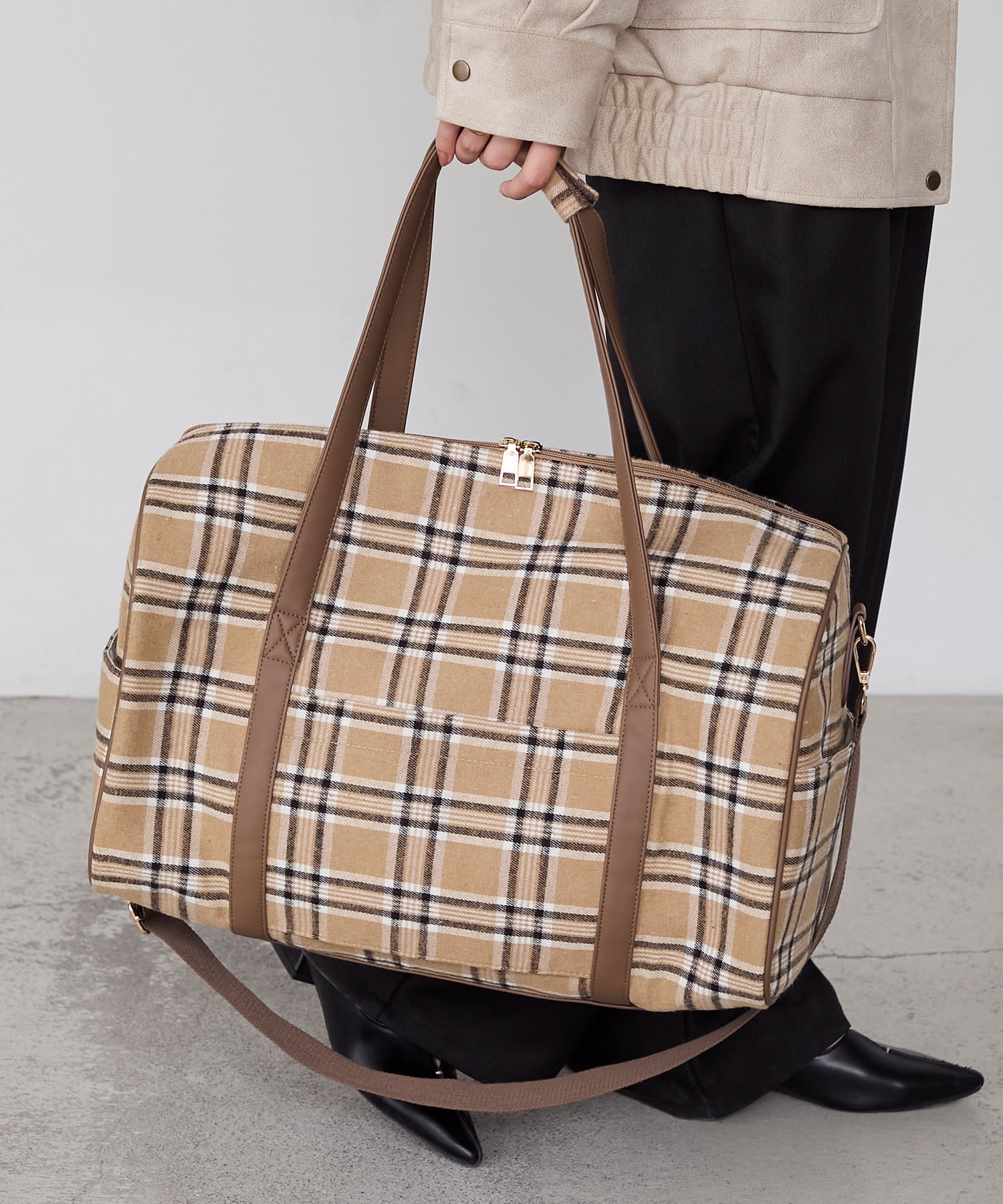 forksy.】チェック柄2wayビッグショルダートラベルボストンバッグ