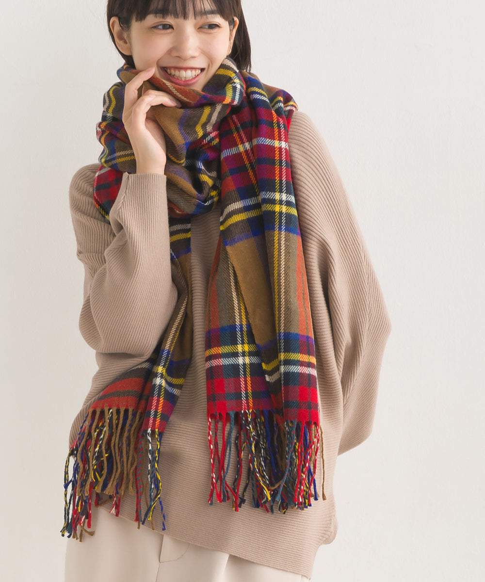 OMNES】ウール混大判チェック フリンジストール【1519-0010】