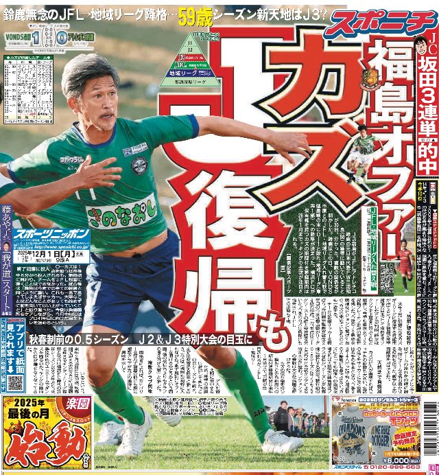 きょう1日付東京版1面 J3福島がJFLアトレチコ鈴鹿の元日本代表FW