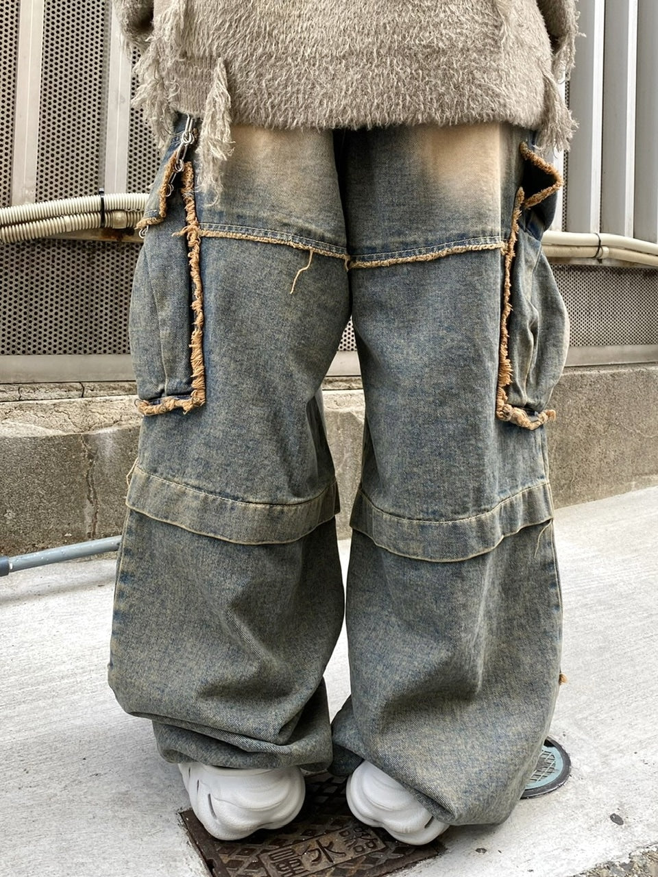 受注制【Never mind the XU】grunge denim cargo pants (2color