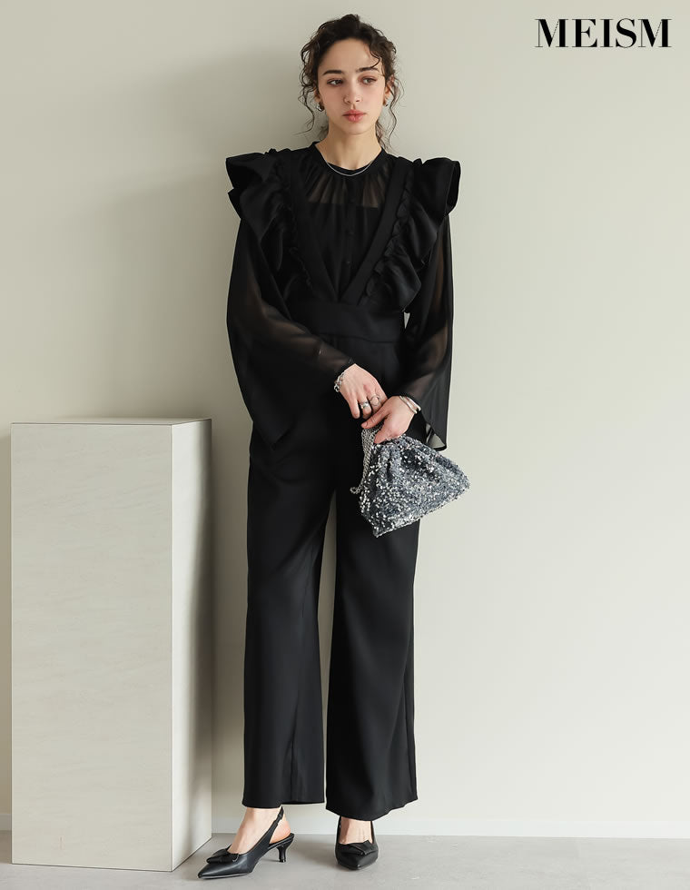 フロッキードットor無地フリルワイドストラップサロペット