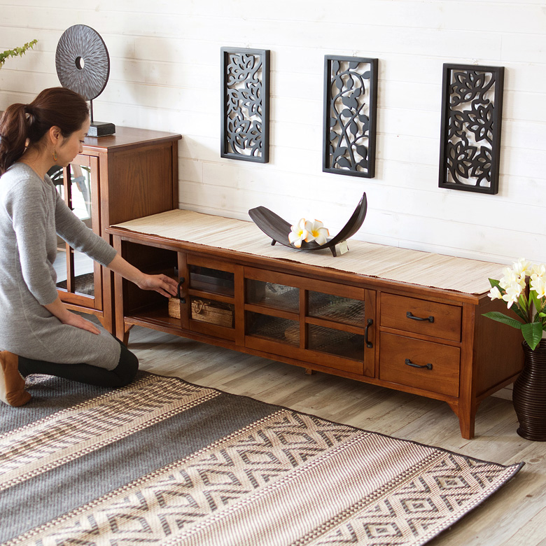 ローボード テレビ台 ワイド 木製 引き出し ガラス扉 幅150cm [91301