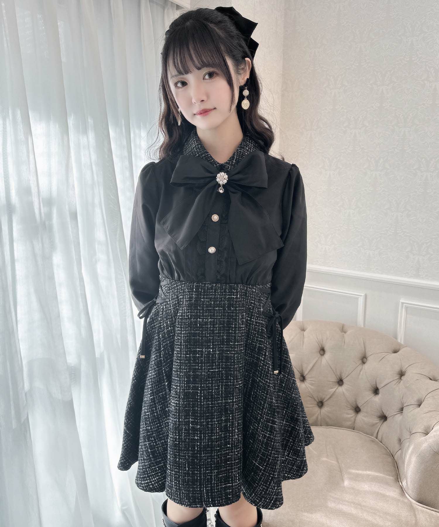 ボウタイリボンツイードドッキングワンピース | Rlab store