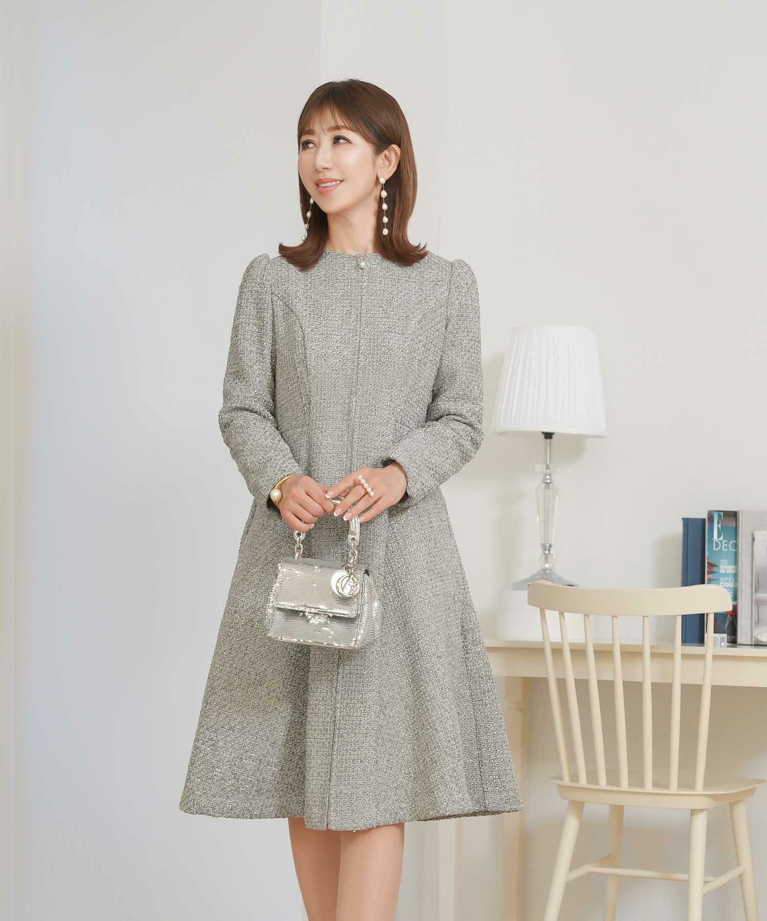 MIXツイード フロント パール ファスナー 2WAY コート ワンピース