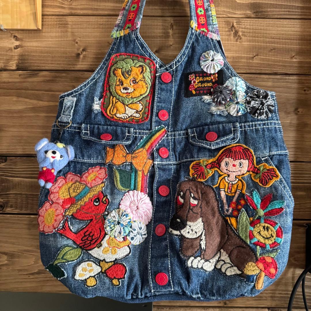 ハンドメイド デニムリメイク バッグ レトロアニマル ヨーヨーキルト 楕円 19 温故知新の抽斗】《着物リメイクの匣》デニムミニバッグ 着物ヨーヨー