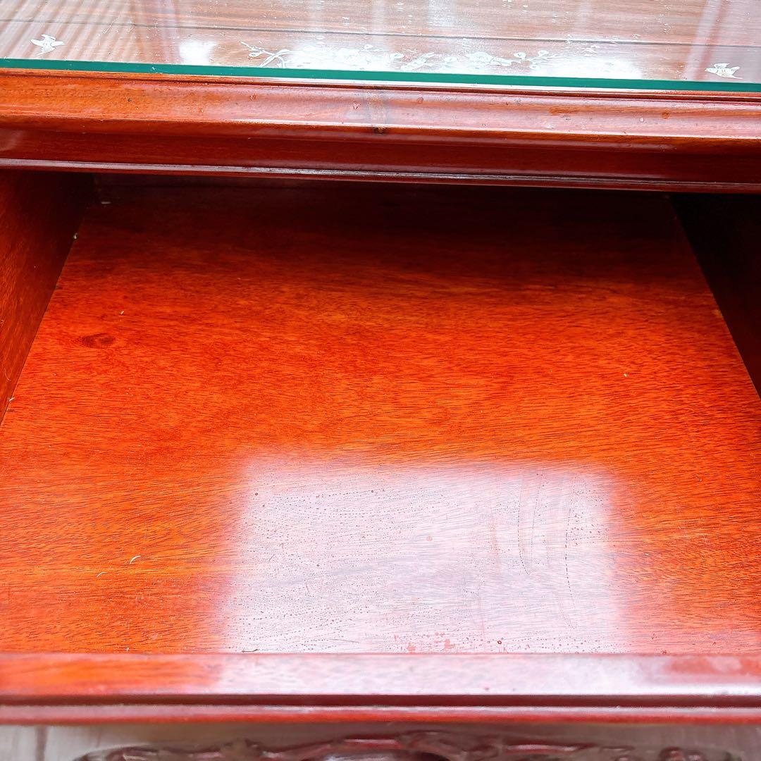 アンティーク 猫脚 螺鈿細工 木製 サイドテーブル 花鳥図 引き出し付き