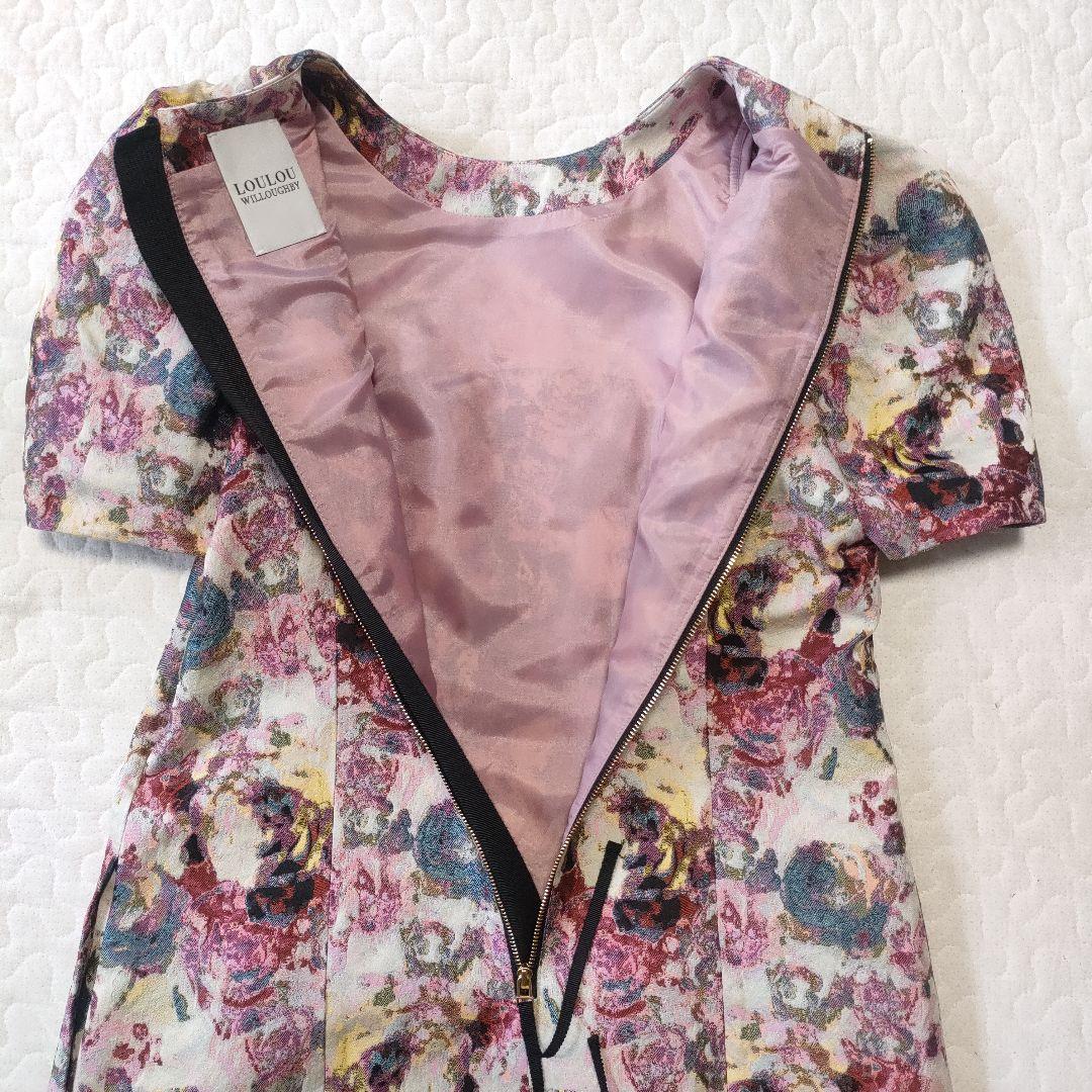 極美品✨ルルウィルビー ジャガード織りひざ丈ワンピース パフスリーブ