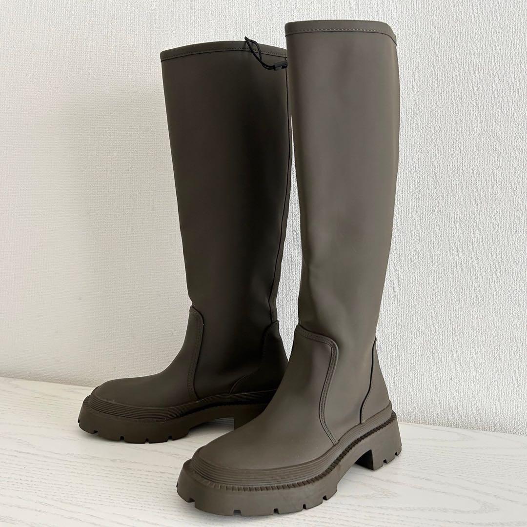 ほぼ新品☆ZARA ロングブーツ ラバーブーツ トラックソール カーキ