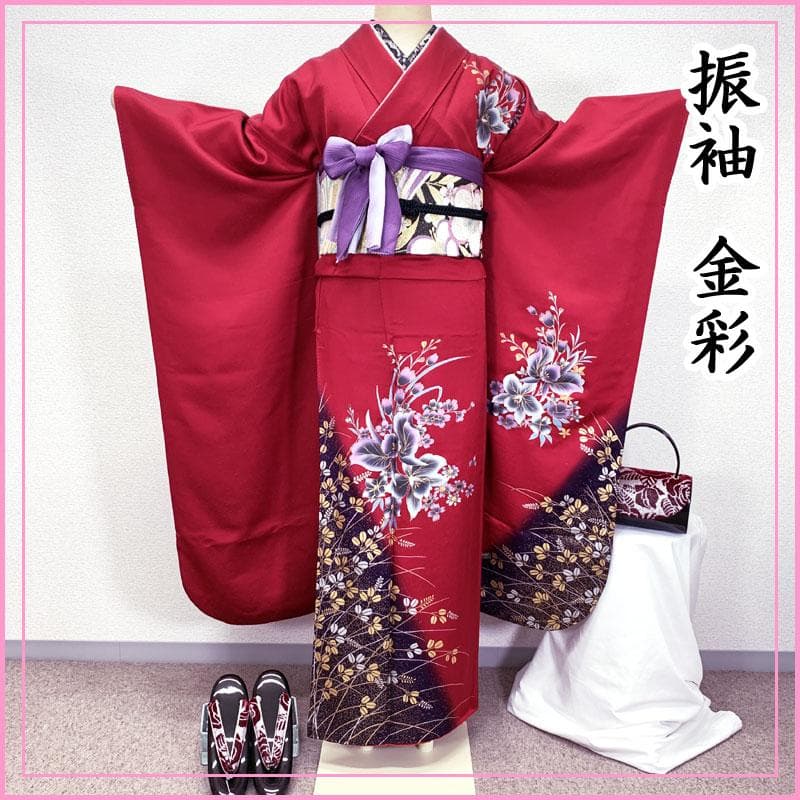 502z29☆振袖 金彩 個性的 花 萩 赤×紫☆美品 成人式 結婚式 c7227dd430e15b99402bd455e89fcb