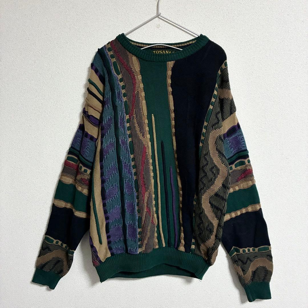 美品　90s 3Dニット セーター 製 TOSANI 幾何学模様 90s カナダ製 TOSANI 3D 立体編み コットン ニット セーター メンズ M
