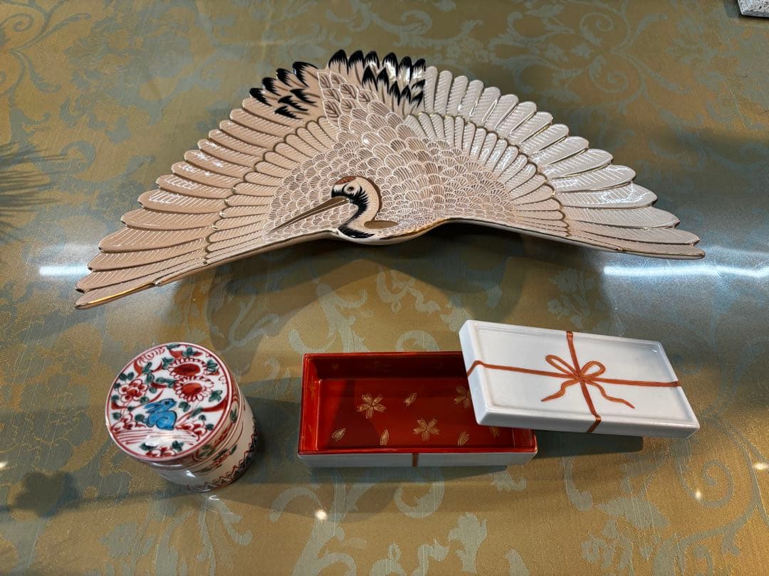 鶴高台皿セット 有田焼 錦鶴絵 鶴型 銘々皿 2枚セット【丸兄商社】食器 器 うつわ 皿