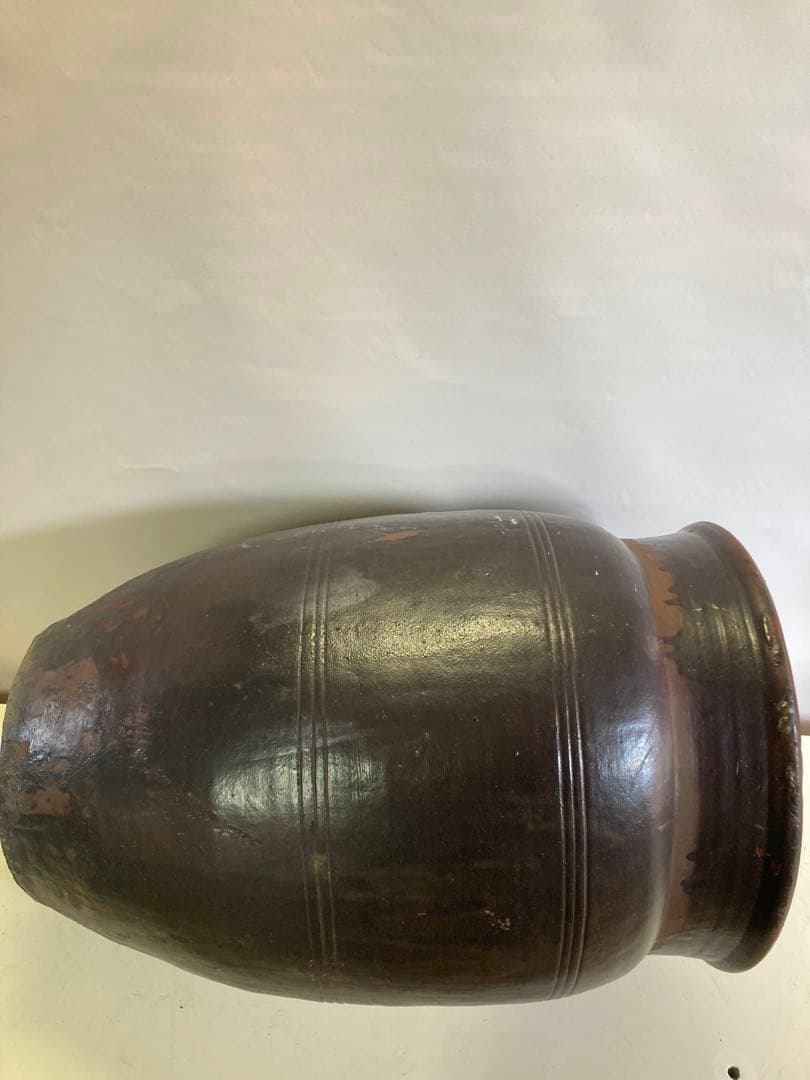 古道具 甕 昭和レトロ 陶器製 オブジェ 陶器製水鉢 ダークブラウン 約