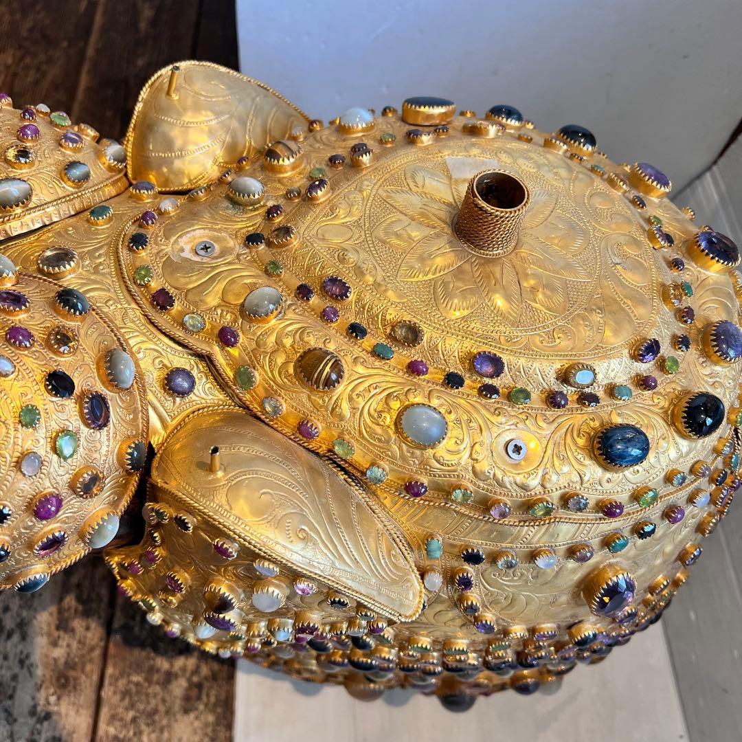 鑑定書あり 希少 中国美術 木彫 宝石飾 特大 象 置物 飾り物