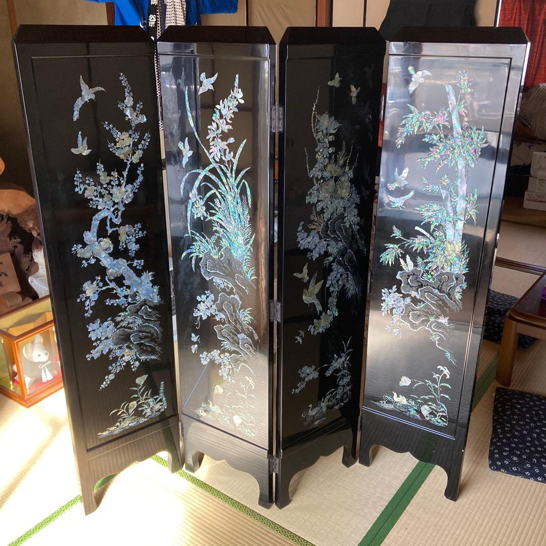 L*-様 豪華装飾 螺鈿 漆芸 衝立 天然木 パーテーション 高さ150cm 重 Amazon｜衝立 金屏風 漆塗り螺鈿細工 4曲1双 鶴 蓮の花 品 骨董品