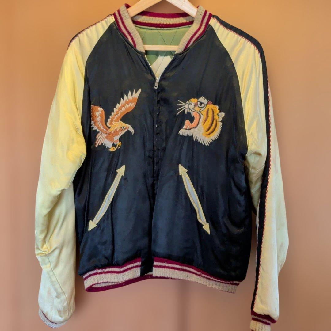 虎と鷹刺繍 ネイビー スカジャン Japanesque 龍虎鷹刺繍サテン/別珍リバーシブルスカジャン