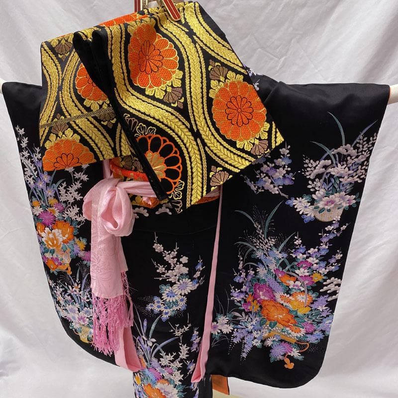 505ag8◎七五三 七歳 女児 着物&袋帯&長襦袢 金駒刺繍 籠花